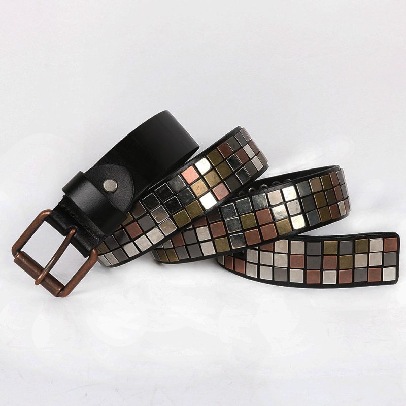 Top Layer Leather Flat Studded Belt with Square Patch | ShopDecimals