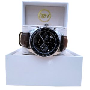 Time Sensor I-TW30C Chronograph Watch: Black Dial with Tachymeter Scale and Brown Leather Strap- I-Tem Innovation by Temi | ShopDecimals