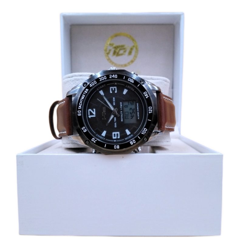 Experience Time in Style with the I-Tem Royalty I-TW50A: A Bold and Multi-Dimensional Chronograph Watch for Men- A Bold and Multi-Dimensional Timepiece with Analog and Digital Display, Tachymeter Measurement, and Brown Leather Strap- I-Tem Innovation by Temi | ShopDecimals