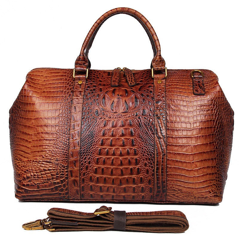 Brown Croc Print Real Leather Duffle Bag For Weekend Traveling | ShopDecimals - Brown