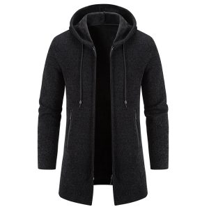 Autumn And Winter Fleece-lined Thickening Trendy Solid Color Men's Cardigan Mid-length Hooded Jacket | ShopDecimals
