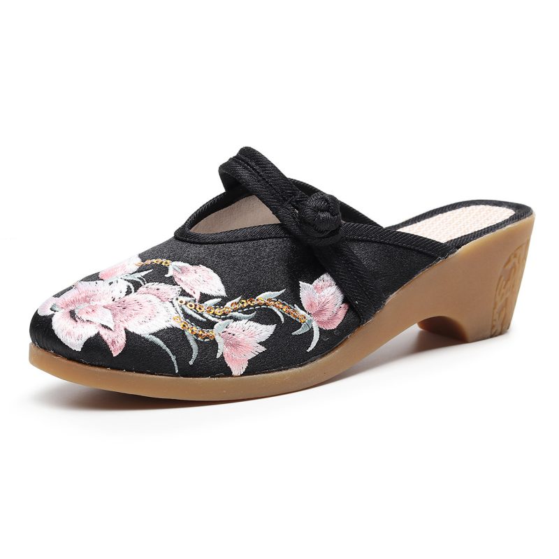 High Heel Wedge Embroidered Cloth Slippers For Women | ShopDecimals