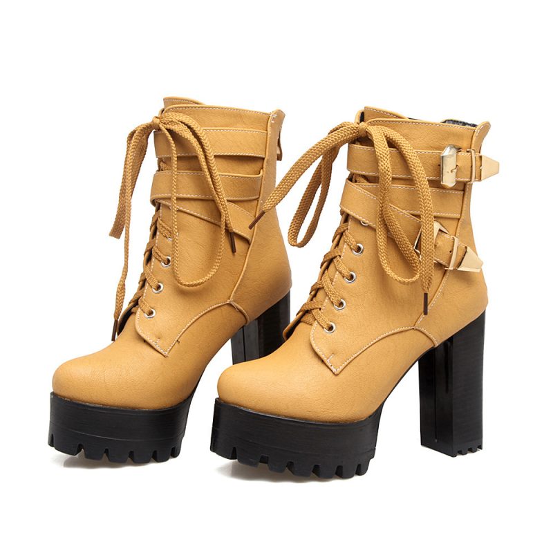 Foreign Trade Belt Buckle, Front Ties, Back Zipper, Thick Heel Waterproof Platform Large Size Women's Shoes | ShopDecimals