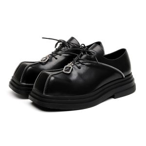 Thick Bottom Square Toe Men's Trendy Unique Punk Zipper Design Trendy Black Business Leather Shoes | ShopDecimals