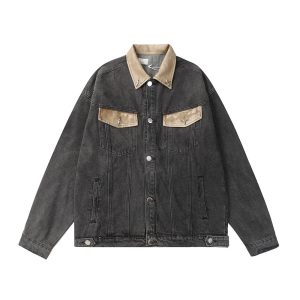 Contrast Color Leather Patchwork Lapel Pocket Denim Clothes Jacket | ShopDecimals