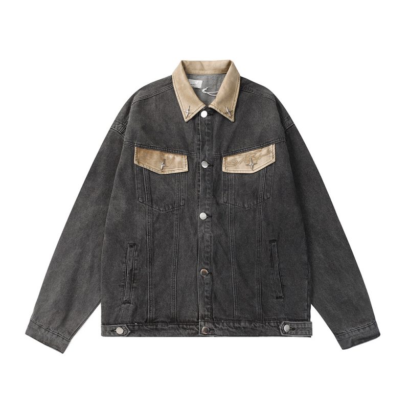 Contrast Color Leather Patchwork Lapel Pocket Denim Clothes Jacket | ShopDecimals
