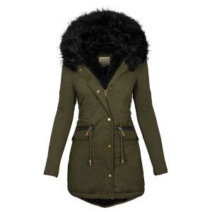 Women's Solid Color Collar Hooded Mid-length Warm Cotton Coat | ShopDecimals