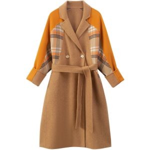 Wool Plaid Stitching Retro Long Thick Warm Women's Jacket | ShopDecimals