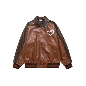 American Street Fashion Color Contrast Letter Towel Embroidery Lapel Coat | ShopDecimals