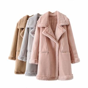 Women's Winter Suede Leather Jacket Motorcycle WomenThicken Lambswool Fur Long Leather Coat Female  Warm Outerwear Womens | ShopDecimals
