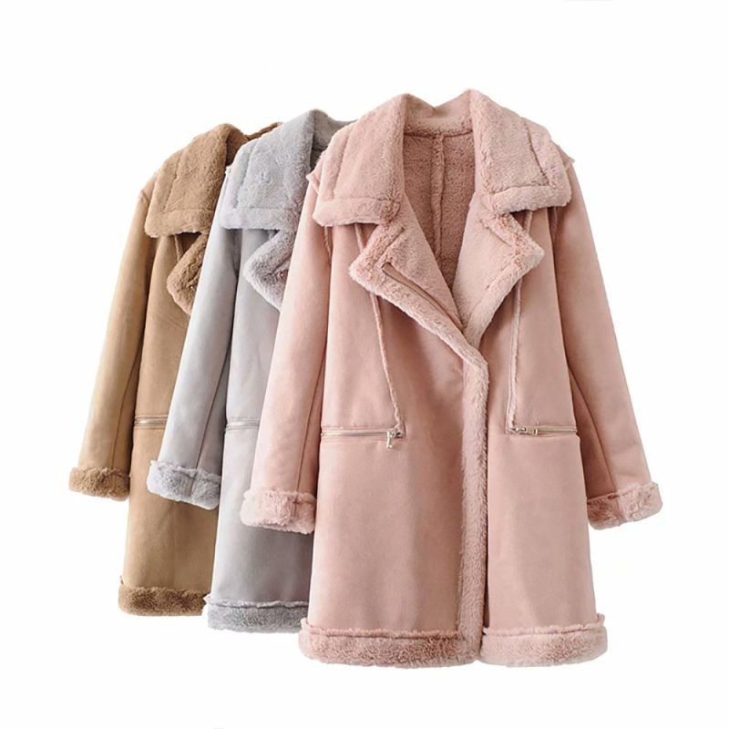 Women's Winter Suede Leather Jacket Motorcycle WomenThicken Lambswool Fur Long Leather Coat Female  Warm Outerwear Womens | ShopDecimals