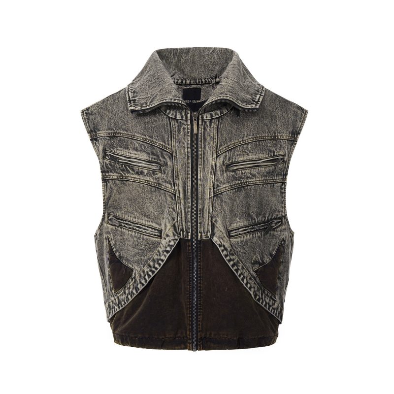 Splicing Denim Vest Jacket Men's Summer Zipper Sleeveless Camisole | ShopDecimals