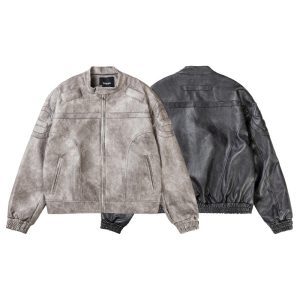 Marbling PU Leather Jacket Stand Collar Motorcycle Jacket | ShopDecimals