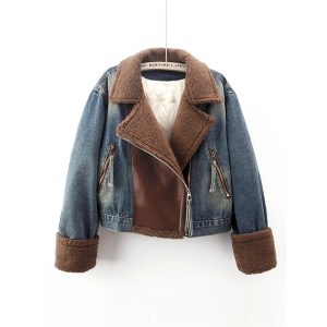 Lamb Wool Stitching Lightweight Down Liner Fleece-lined Denim Coat Women's Short Top Jacket | ShopDecimals