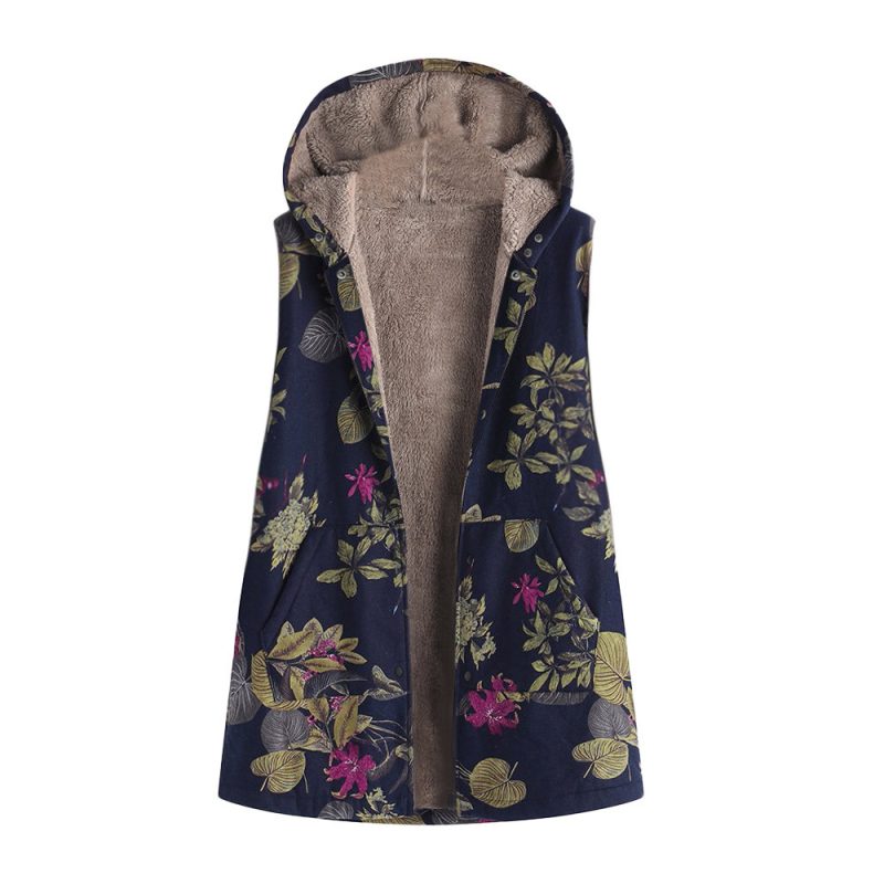 Women's Printed Hooded Sleeveless Top Plush Jacket | ShopDecimals