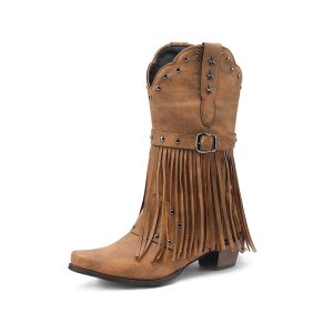Autumn And Winter Tassel Women's Western Rivet Belt Buckle Tassel Middle Boots | ShopDecimals
