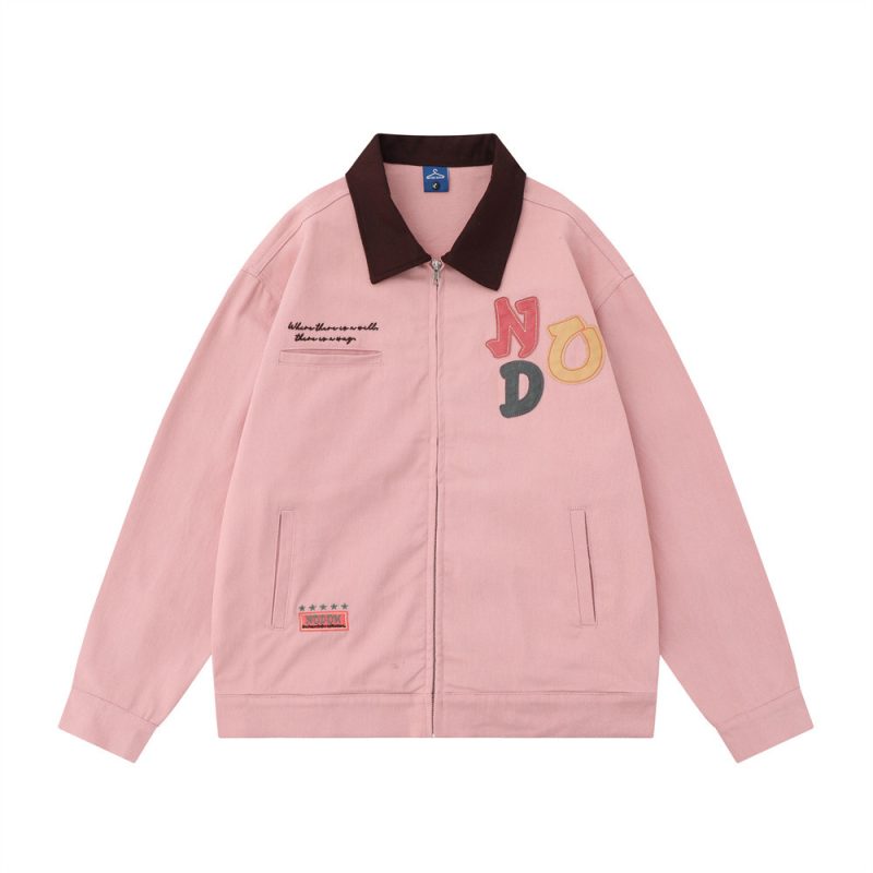 Color Letter Veneer Embroidery Contrast Color Lapel Denim Jacket | ShopDecimals