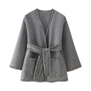 Women's Clothing Fashion Long Sleeve Waistband Reversible Woolen Jacket | ShopDecimals