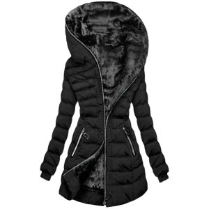 Hooded Warm Fleece Padded Jacket Mid-length Jacket Black Padded Jacket | ShopDecimals