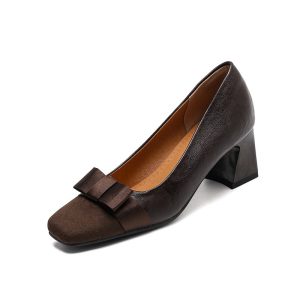 Retro Square Head Stitching Chunky Heel Pumps Women's Spring And Autumn New Bow Low-cut High Heels | ShopDecimals