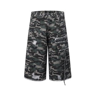 Retro Washed Damaged Camouflage Denim Shorts | ShopDecimals