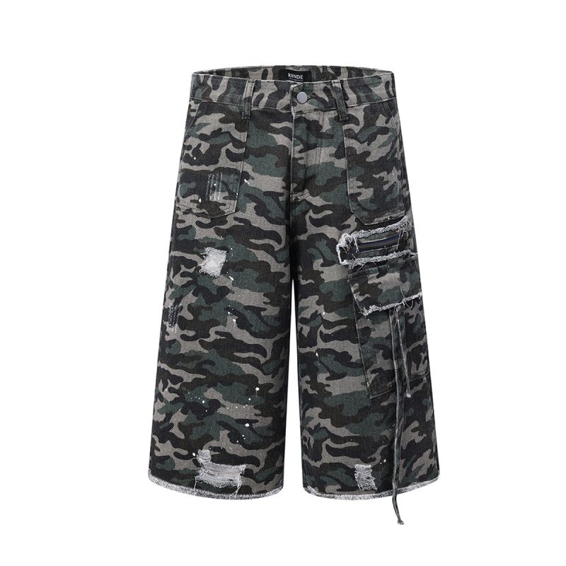 Retro Washed Damaged Camouflage Denim Shorts | ShopDecimals