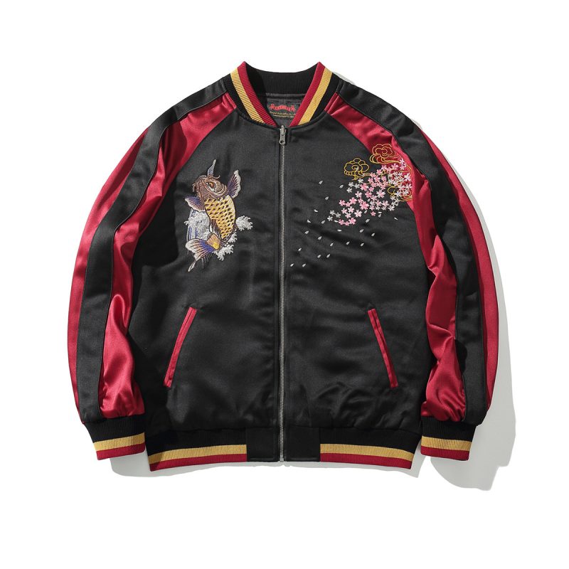 Machine Embroidery Men's Koi Embroidered Cotton Coat Jacket | ShopDecimals