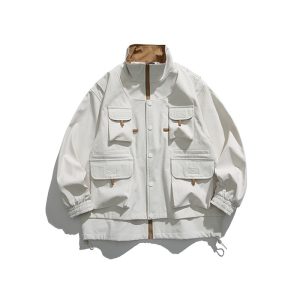 Stand Collar Loose Multi-pocket Charge Jacket Retro Fake Two-pieces Coats | ShopDecimals