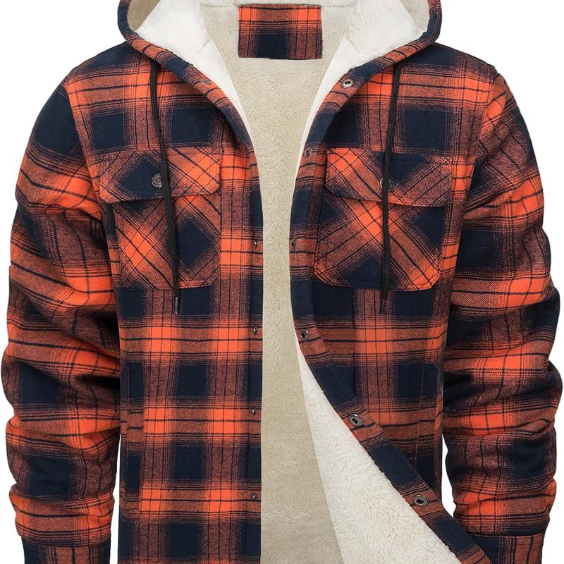 Men's Long Sleeve Hooded Fleece-lined Plaid Printed Coat | ShopDecimals