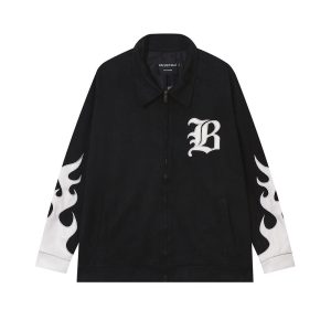Lapel Street Hip Hop Black Flame Embroidered Jacket | ShopDecimals