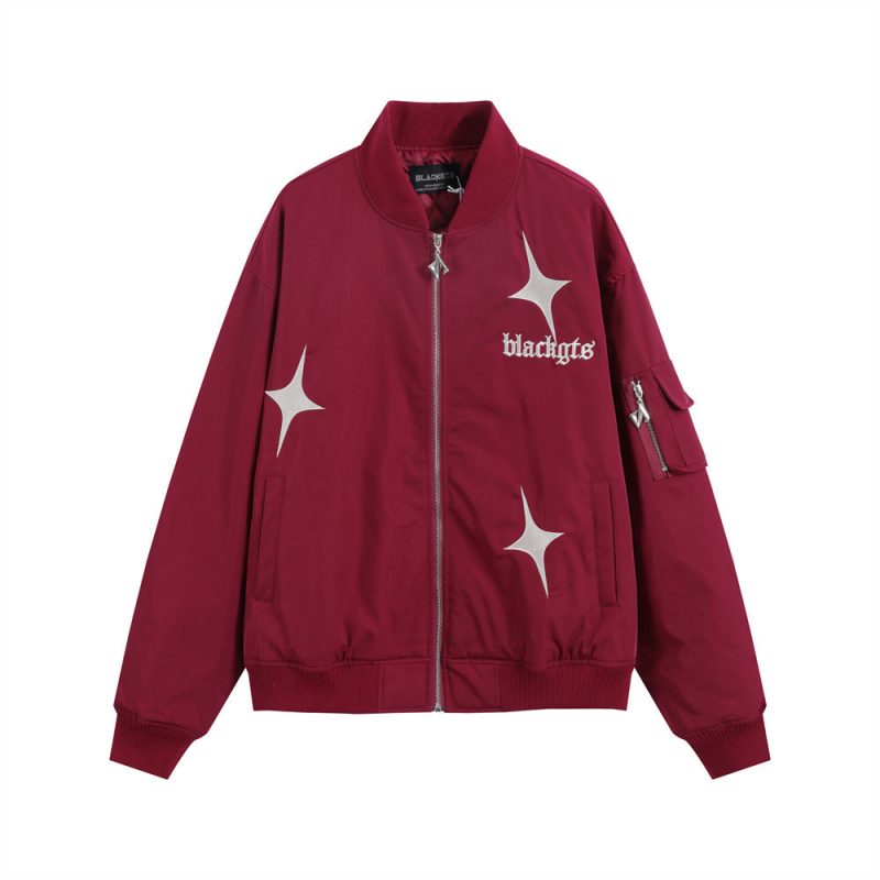 Star Letters Embroidered Stand Collar Zip Jacket for Men | ShopDecimals