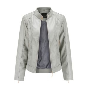 Women's stand collar PU Leather Jacket | ShopDecimals