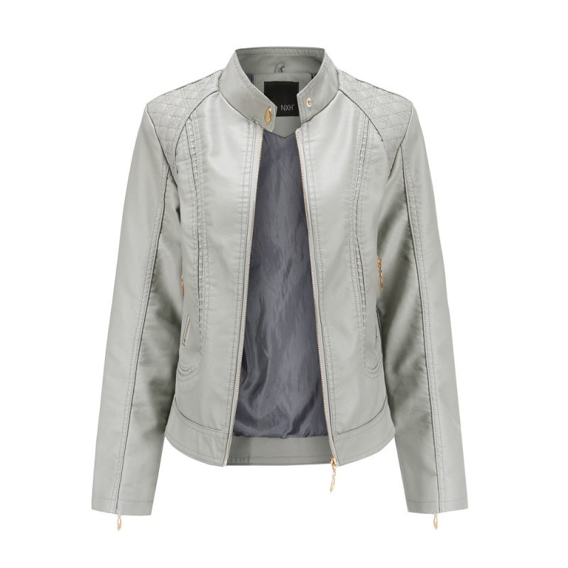 Women's stand collar PU Leather Jacket | ShopDecimals