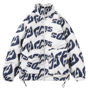 Men's Stand Collar Down Jacket with Full Letters | ShopDecimals