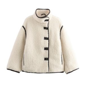 Winter New Stand Collar Contrast Color Button Loose And Warm Coat For Women | ShopDecimals