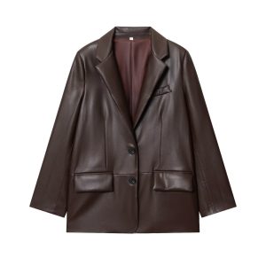 Simple Straight Leather Effect Blazer For Women | ShopDecimals