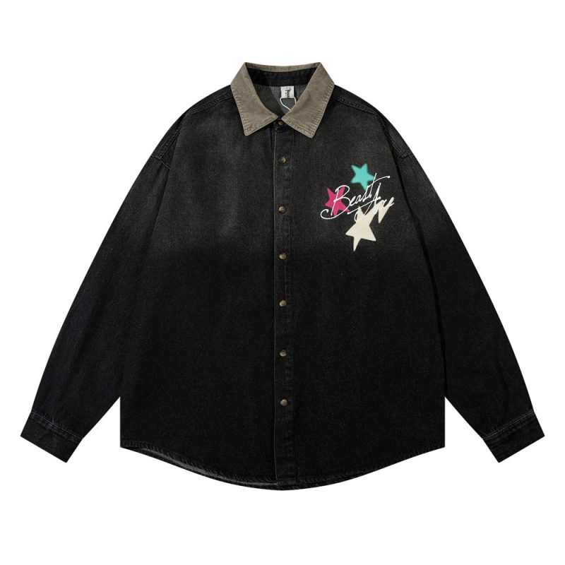 Trendy Design Five-pointed Star Letter Printing Denim Shirt | ShopDecimals