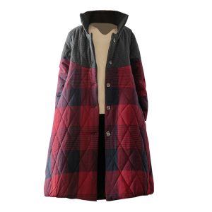 Artistic Retro Long Hooded Plaid Cotton Coat Cotton Jacket Women's Chinese Style Loose Puffer Jacket | ShopDecimals