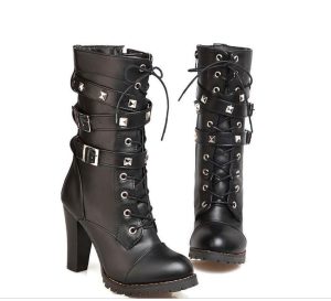 Comfort Side Zip Studs Thick Heel Mid Boots High Heel Lace Martin Boots | ShopDecimals