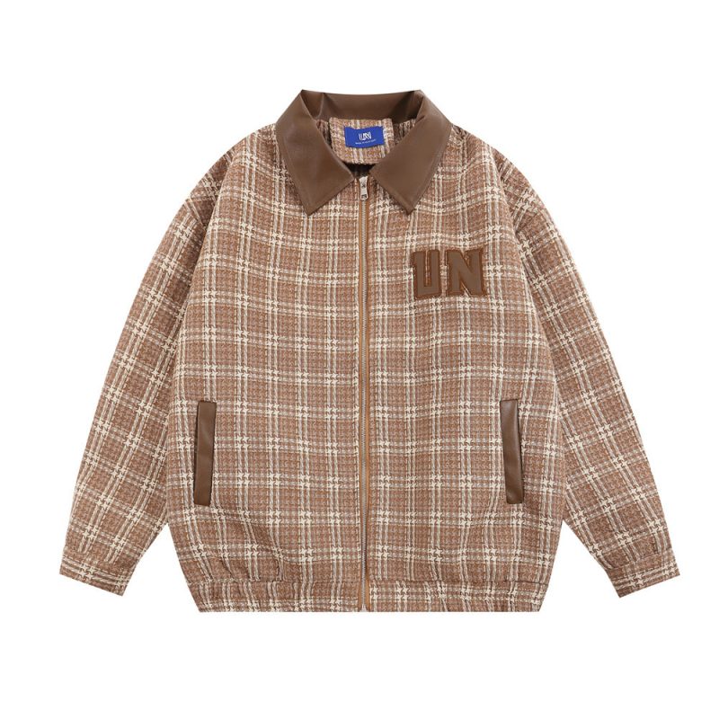 American Plaid Jacket Men's Baseball Uniforms Lapel PU Leather | ShopDecimals