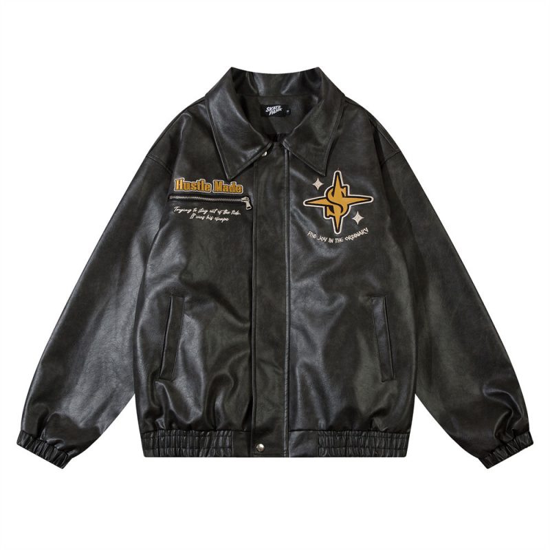 European And American Letters Embroidered Lapel Loose Leather Coat | ShopDecimals