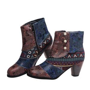 Print Ankle Boots Chunky Mid Heel Boots Women Side Zipper Shoes | ShopDecimals