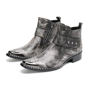Chunky Heel Cowhide Gray Lace-up Motorcycle Boots Hairstylist Leather Boots | ShopDecimals