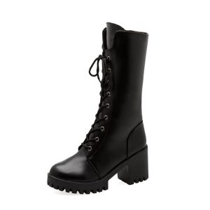 Thick Bottom Increased By Lace-up Booties All-match Middle Tube Motorcycle Boots | ShopDecimals